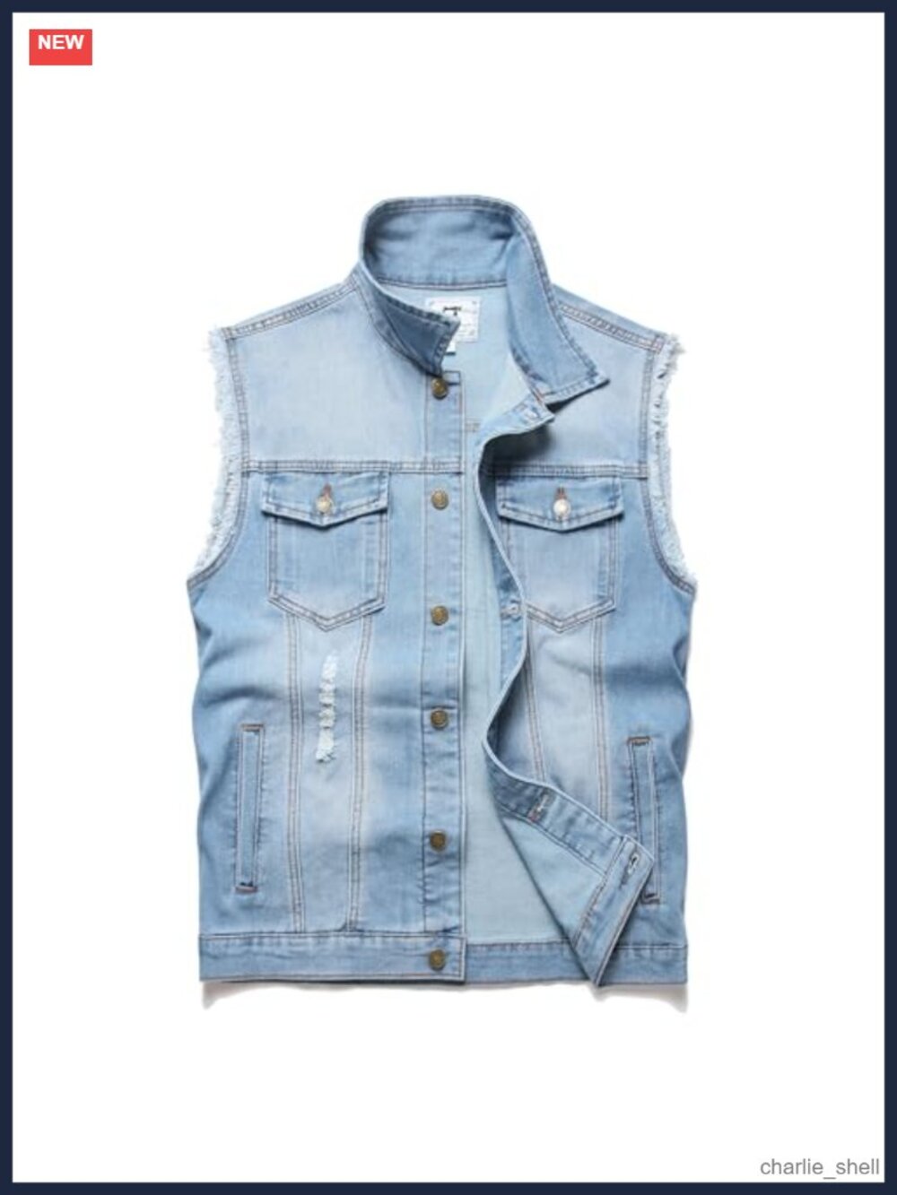 Sleeveless Slim Fit Denim Vest Ripped Stretchy Battle Vest Pockets